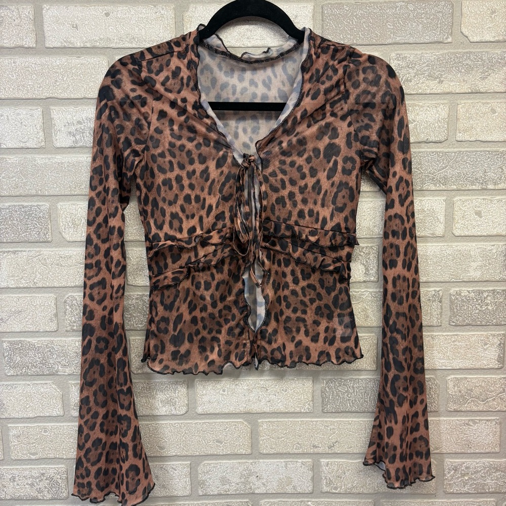NWOT Leopard Print Bell Sleeve Sheer Top Size Small
